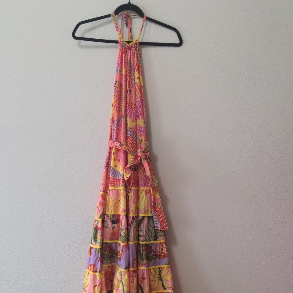 Farm Rio Mixed Fruit Tiered Colorful Halter Maxi Dress
